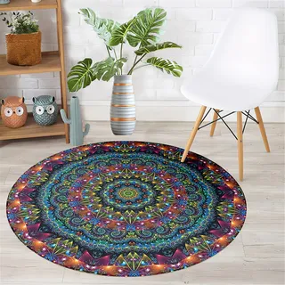 Chickwin Teppich Rund rutschfest, Mandala Stil Teppiche für Wohnzimmer Moderne Groß Flanell Flauschig Weich Fußmatte Waschbar für Schlafzimmer Kinderzimmer Küche (Bunt,Durchmesser 120cm)