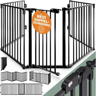 CASARIA CASARIA® Kaminschutzgitter Baby mit Sicherheitstür Metall ohne Bohren 306x76cm Hundegitter Kinderschutz Türschutzgitter Absperrgitter Schwarz