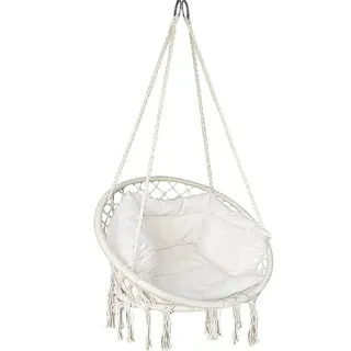 VOUNOT Hängesessel mit Bücherfach & Kissen, Hängeschaukel Hängestuhl für Outdoor Garten, Ø Sitzfläche 80cm, Beige