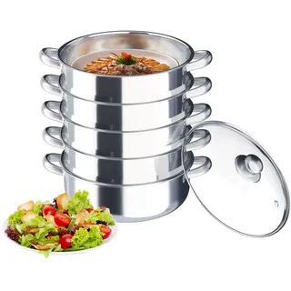 LENDISIY Mantowarka Dampfgarer, 5 Etagen Dampfkocher Edelstahl Schongarer mit Transparenter Glas-Deckel, Induktion Kochtopf Dampfgarer Dampf Topf für Kochen (Silber, 30cm)