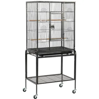 FCH Vogelkäfig mit Ständer, Holzstangen und 4 Rollen, Wellensittich Käfig mit abnehmbares Tablett, 64 x 41 x 135 cm, Schwarz - Schwarz