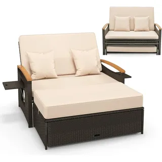 FANTASK 3 in 1 Polyrattan Sonnenliege, Gartenliege mit Verstellbarer Rückenlehne & ausklappbarem Seitenablage, Loungebett, Doppelliege mit Auflage, Gartensofa mit Hocker, Schwarz
