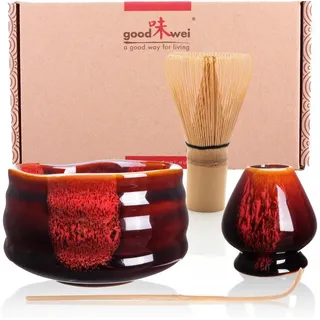 Goodwei Teeservice Matcha-Set "Akai" 80 mit Teeschale, Matchabesen und Besenhalter (4-tlg), 1 Personen, Keramik rot|schwarz
