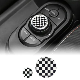 FDAIUN 2Stück Leder Auto Aufkleber Multimedia Knopf Abdeckung Knopfabdeckung Trim Cover Abdeckung Kompatibel mit BMW mini F series F54 F55 F56 F57 Interieur Zubehör (Schwarz Weiß)