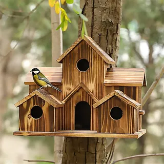Vogelhäuser aus Holz für Garten, Rustikales Vogelhaus im Villenstil mit 6 Eingängen, Outdoor Wetterfester Vogel-Nistkasten, dekoratives Vogelhaus für Hof Terrasse Balkon Vogelbeobachtung (Braun)