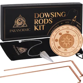 Kupfer Wünschelruten Spirituelles & Pendelbrett Set mit Matte & Quarzkristall - Geschenkset aus 2 spirituellen Stäben aus reinem Copper - Paranormale Geheimnisse mit Wünschelruten entdecken