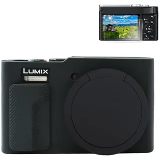 Rieibi Silikonhülle für Panasonic TZ99 Hülle, für Panasonic Lumix DC-TZ99 Digitalkamera mit 2 Stück Schutzfolie, Abnehmbarer Linsenverschluss für Lumix DC-TZ99 Tasche, Schwarz