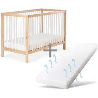 Ehrenkind Babybett PUR inkl. Matratze aus massivem Buchenholz, Gitterbett, Baby Bett, Babybett 60x120 cm beige 60 cm x 120 cm
