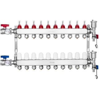Vevor 10-Heizkreise, Heizkreisverteiler Edelstahl, Kugelhähne mit G-Gewinde für Zu- und Rücklauf, 5 L/min Durchfluss, für Fußbodenheizung, Verteiler mit 1/2-Zoll-Adaptern und Durchflussmesser
