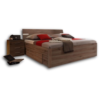 Stella Trading MARS Stilvolle Doppelbett Bettanlage 180 x 200 cm mit 2x Nachtkommoden - Schlafzimmer Komplett-Set in Eiche San Remo Optik, dunkel - 216 x 97 x 185 cm (B/H/T)