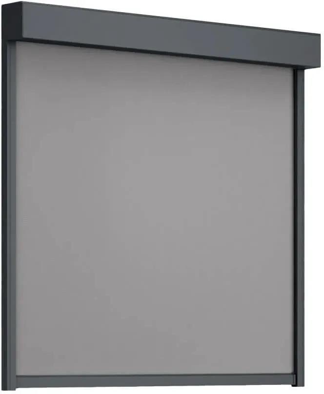 Außenrollo, eckig 90°, Anthrazitgrau ähnlich RAL 7016, 600 x 600 mm, Tuch Dunkelgrau, Antriebsart Basic, individuell konfigurieren