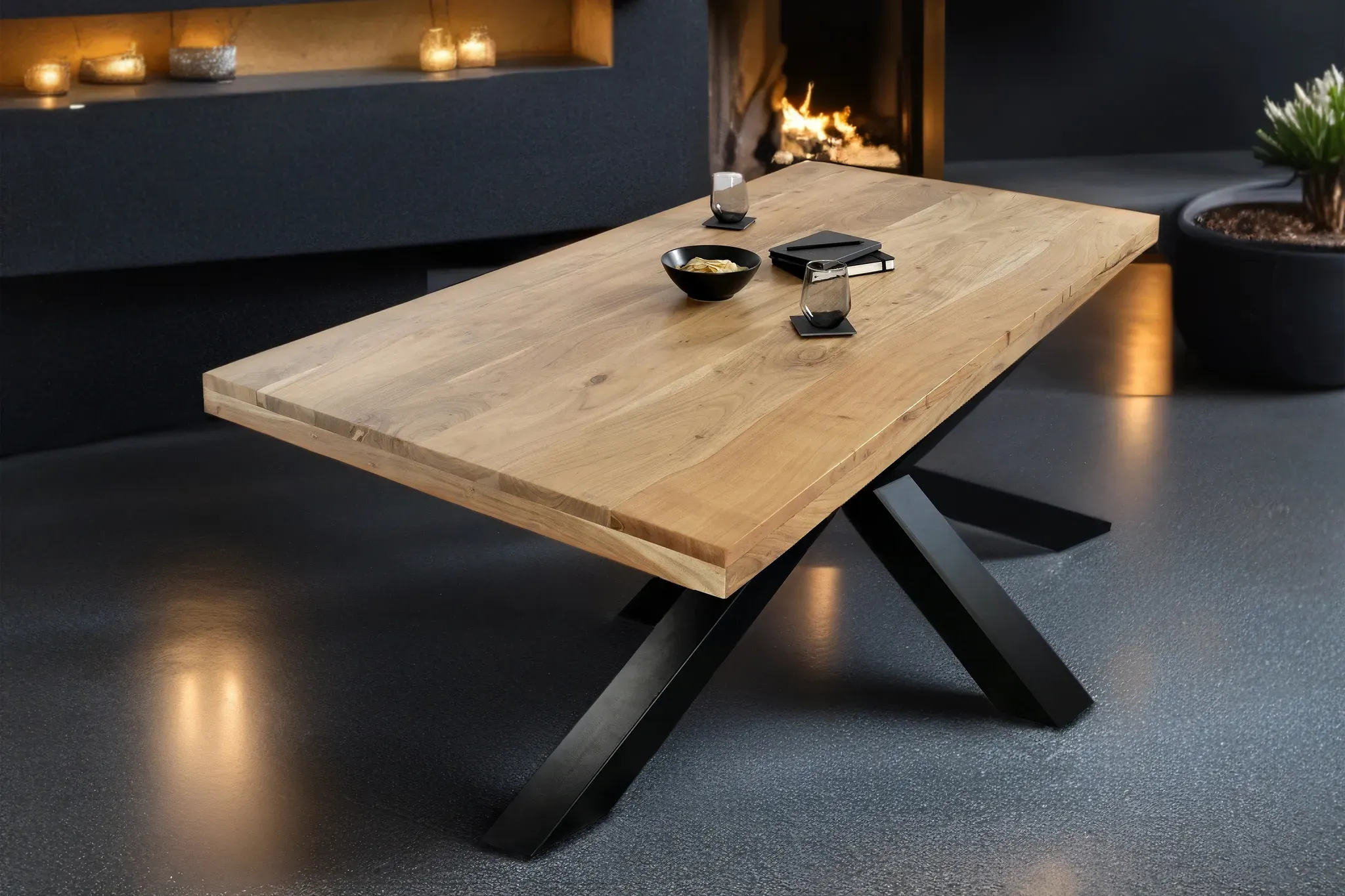 Esstisch 240x100cm Akazienholz naturfarben gerade Kante Spider-Gestell schwarz RIO