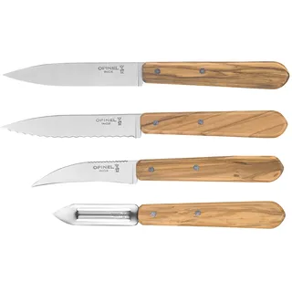 Opinel 254458 Essentials Küchenmesser Set-4 teilig-rostfreier Sandvik Stahl-Olivenholz Griffe, Mehrfarbig