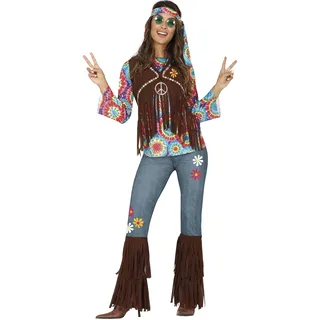 Fiestas Guirca Hippie Kostüm Damen – Schlager Star Disco Outfit Größe M 38–40 - Retro Hippie Kleidung Damen 70er Jahre Kostüm Erwachsene -Flower Power Anzug Karneval, Fasching Kostüm Damen, Fastnacht