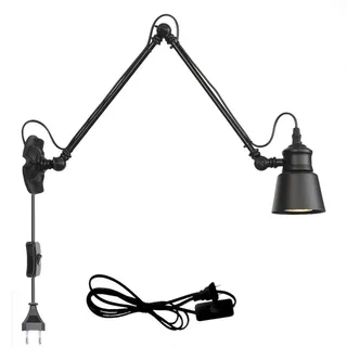 Schwarz Industrial Wandleuchte mit Schalter Retro Innen E27 Wandlampe Wohnzimmer Wand-Leselampen Verstellbar Metall Langer Arm 30+30cm, 1,8 m Kabel mit EU Stecker, für Schlafzimmer Bettseite Büro