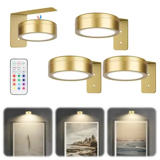 3 Stück Bilderleuchte Kabellos – LED Akku Wandleuchte für Kunstwerke, Magnetische Bildbeleuchtung Kabellos mit 13 RGB-Farben und Dimmfunktion, Vielseitig einsetzbar auch als Schrankbeleuchtung(Gold)
