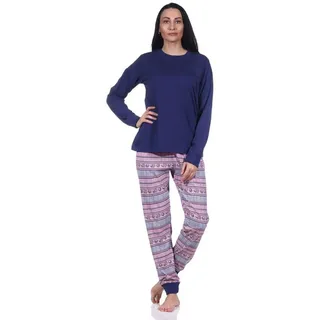 normann Damen Schlafanzug mit Bündchen Pyjama im wunderschönen Ethnolook, Farbe:Navy, Größe:48-50 - 48-50