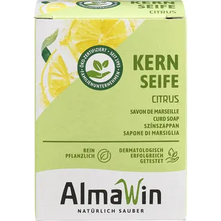 AlmaWin® Kernseife mit zartem Zitronenduft [100g] - Stückseife für sanfte Hautreinigung - Vegane Kernseife Bio für gründliche Reinigung in Haushalt & Werkstatt - Kernseife Zitrone, Seife