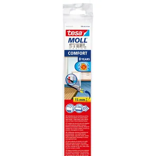 tesamoll Alu COMFORT Türdichtschiene für unebene Böden - Selbstklebende Türdichtung zum Schutz vor Zugluft - mit Bürstendichtung bis 15 mm - Edelstahl
