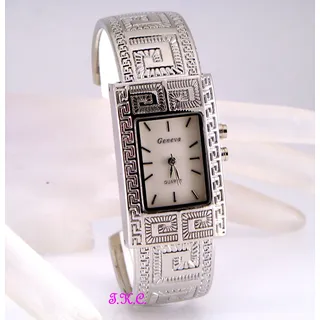 Grieche Schlüssel Mosaik, Silber Rhodium Überzogen, LED - Nachtlicht Armreif Uhr