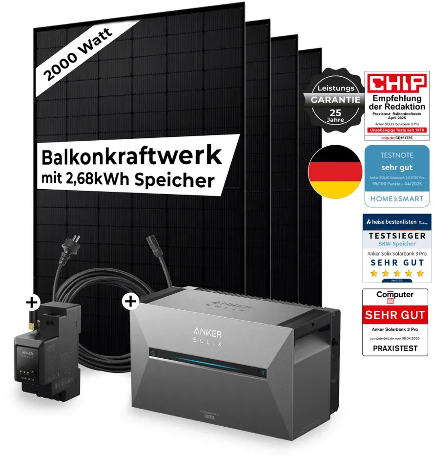 Sicatron 2000 Watt Balkonkraftwerk - 4x 500W bifazial - Anker Solix 3 E 2700 Pro - Mit Smart Meter +49€