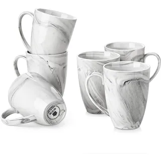 MALACASA Kaffeebecher 6er Set, Porzellan 560ML Becher Set, Große Moderne Kaffeetassen mit Henkel für Tee, Saft, Latte, Cappuccino, Kakao. Spülmaschinen- und mikrowellenfest, Serie REG Marmorgrau