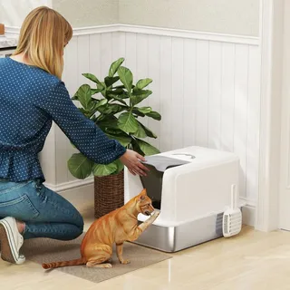 PawHut Katzentoilette mit Deckel, Wanne aus Edelstahl, eingebauter Streufilter, inklusive Streuschaufel, für Katzen bis 6 kg, Weiß