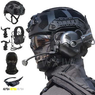 WLXW Fast SF Taktisches Helmset Mit Vollem Schutz, Mit Airsoft-Headset, DREI Gläsern, Schutzbrille Und Taktischer Maske, Für Paintball Wargame Military Set,Schwarz