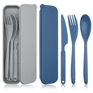 JINGIHE 2 Sets Large Reisebesteck mit Etui, Campingbesteck Set, Wiederverwendbar Outdoor Besteck,Unterwegs Plastik Besteck Messer Löffel Gabel für Lunchbox School Arbeit Picknick(Blau + Grau)
