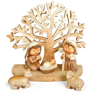 Riffelmacher & Weinberger Riffelmacher Kinderkrippe mit Baum aus Polyresin 78561 | 12 x 10 cm - Weihnachtskrippe Holzoptik Maria Josef Jesus Schaf Kuh Weihnachtsgeschichte