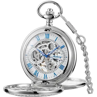 Tiong Vintage Double Hunter Taschenuhr mit Kette Glatter Stahl Mechanische Steampunk Römische Ziffern Taschenuhr & Geschenkbox Herren Bestes Geschenk, silber, blau, Retro