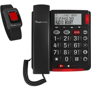 Amplicomms BigTel 50 Alarm Plus Schnurgebundenes Seniorentelefon für Hörgeräte kompatibel, inkl. Notrufsender, Wahlwiederholung