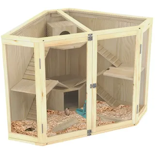 PawHut Hamsterkäfig aus Holz, Kleintierstall mit 4 Ebenen, Fütterungsstation, Wippe,