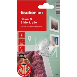 Fischer Bilderhaken in Weiß, Montage ohne Bohren & Werkzeug, der bessere Nagel, Wandhaken zur Befestigung von Bildern, Deko, Uhren, uvm., 8 Stück