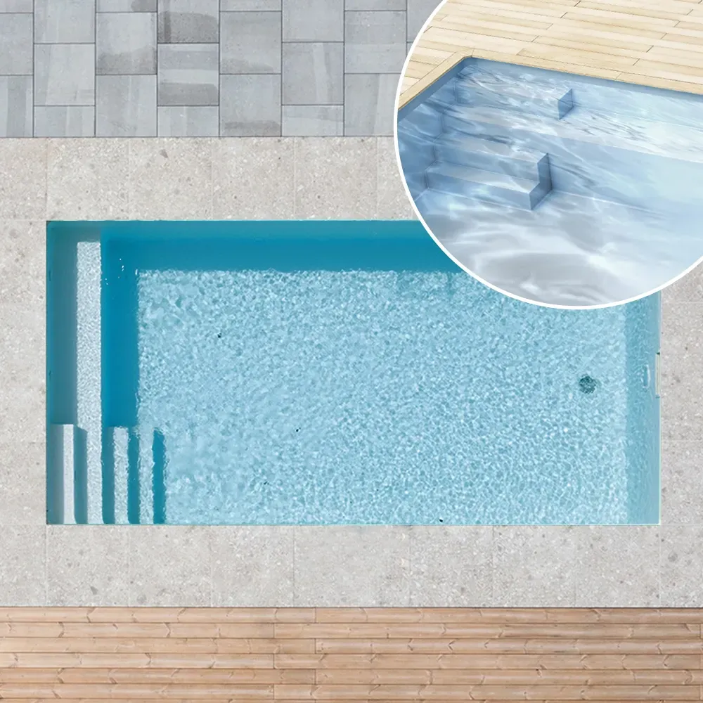 Styroporpool, 700 x 350 x 150 cm, Basis-Bausatz mit Treppe links und Sitzbank, Folie 0,90 mm, grau