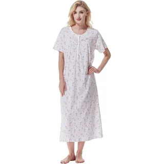 Keyocean Nachthemd Damen Baumwolle Schlafshirt Kurzarm Nachtwäsche Sommer Bequeme Schlafkleid Knopfleiste Lang Loungewear, Creme mit rosa Blumen-Drucken, M - M