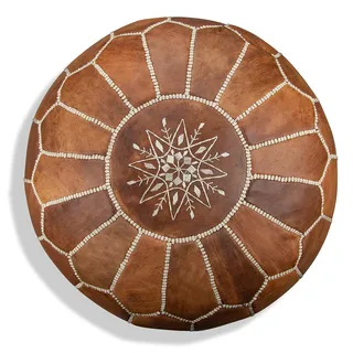 Poufs&Pillows Premium Echt Leder Pouf - Handgefertigt - gefüllt geliefert - Ottoman Sitzsack Fußhocker (Cognac Braun)