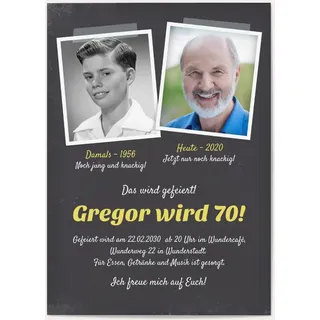 Einladungen zum 70. Geburtstag Grau online gestalten und bestellen - Damals und Heute Schiefertafel | Wunderkarten.de