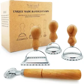 Ravioli-Ausstecher Set, 3 wunderschöne Ravioli-Former mit Holzgriff, Ravioli-Stempel und Kann man extra kaufen Raviolischneider, 4er set Ravioli Ausstecher