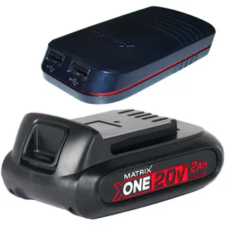 MATRIX Akku-Set 20V, Ersatzakku 2Ah und USB-Adapter, verwandelt Akku in Powerbank, kompatibel mit X-ONE und Kawasaki Power 20, 2 USB-Anschlüsse