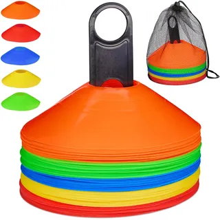 Relaxdays Markierungshütchen Fußball, 50er Set, 5 Farben, Halter & Tragetasche, HxD: 5 x 19 cm, PE, Fußballhütchen, bunt