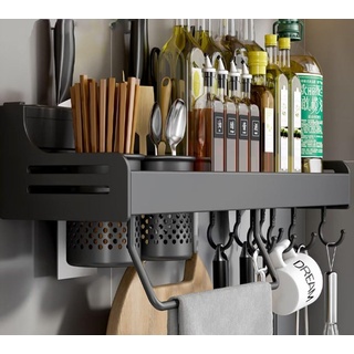 Gewürzregal, Küchenregal Hängend Ohne Bohren, Küchenhalterung mit Messerschlitz, Haken, Becher, Küchenregal Wand für Gewürze, Aluminium Gewürzregal für Küche, Schwarz-70cm
