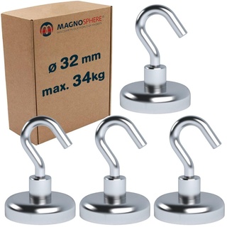 Magnethaken Extra Stark 34 kg Starke Neodym Magnet mit Haken Hakenmagnete Magnetische Haken Ø 32 mm für Küche Camping Grill Dekor Büro Lager Werkstatt Montage Kreuzfahrt - 4 Stück