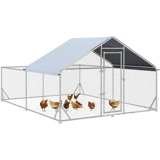PawHut Hühnerstall 400 x 300 x 195 cm Hühnerkäfig, Hühnergehege mit Sonnenschutzdach, Schloss, Geflügelstall für Hühner, Kaninchen, Stahl, Silber