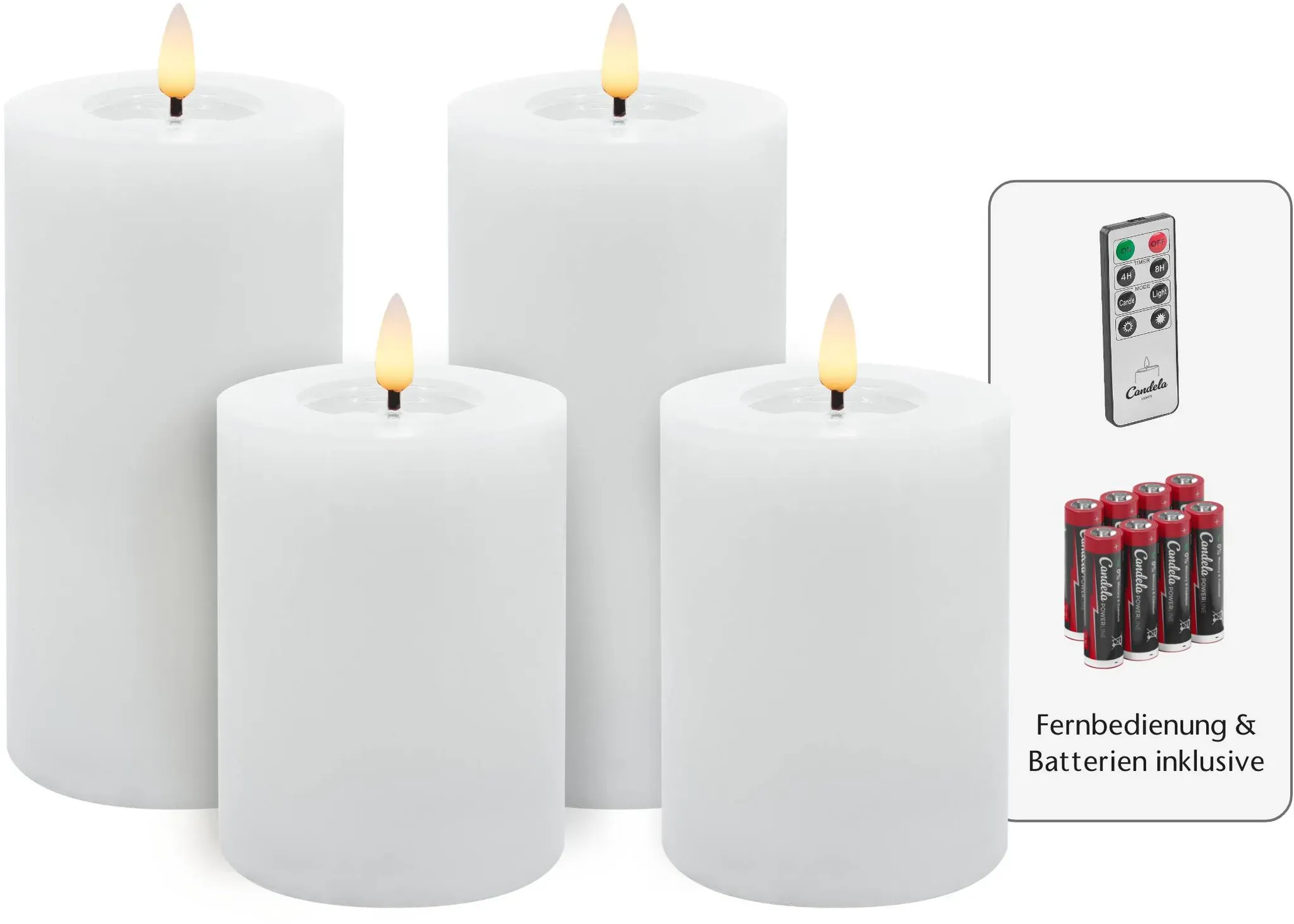 Candela Lights LED Kerzen 4er Set Winter weiß glatt Echtwachs inklusive Fernbedienung und 8 Batterien Timer Funktion & mehrstufig dimmbar flammenlos Echtwachskerzen Stumpenkerzen