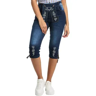 STEIGENHÖFER Trachtenjeans - Ida – Stretch Kniebund 3/4 Capri Hose im Lederhosen-Look – Trachten Jeans Kurze Hose Damen fürs Oktoberfest - Tracht Lederhose Damenjeans - Blau - 38 - 38