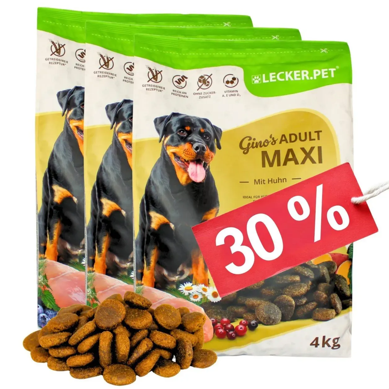 12 kg Lecker.Pet® Gino's Adult Maxi mit Huhn Hundefutter Trockenfutter Vollnahrung MHD 4/2026