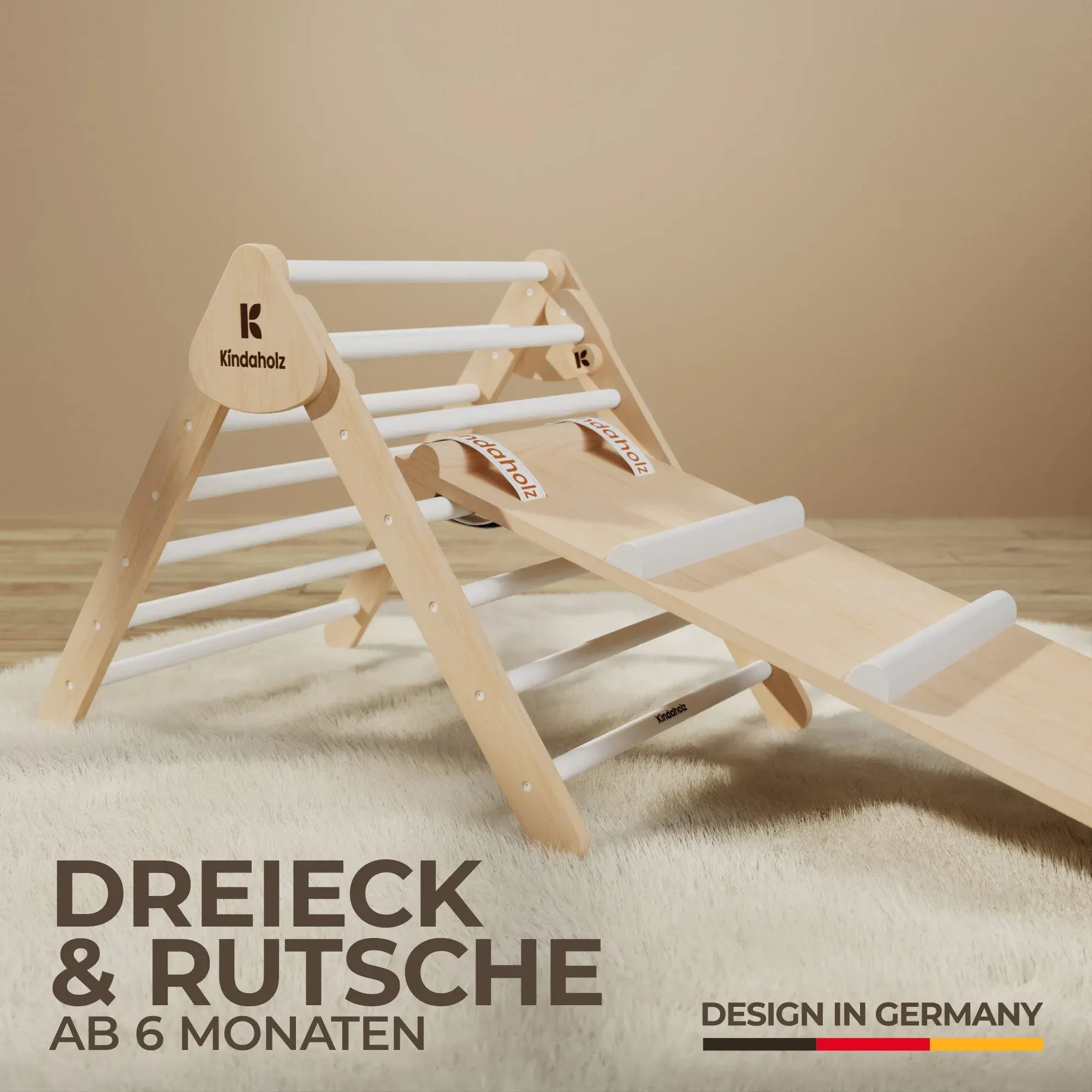 Kindaholz SAMI Kletterdreieck mit MIKA Rutschrampe Weiß Indoor Kletterset aus FS...
