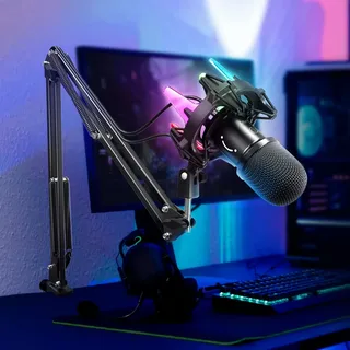 FIFINE Gaming Mikrofon PC mit Arm, 8 RGB Steuerungsmodi USB Microphone für MAC PS4 PS5, Dynamisches Microfon mit Mikrofonarm, Stummschalttaste, Shock Mount