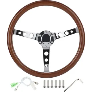 Eosnow - 15 Zoll 6-Loch-Lenkrad Retro-Mahagoni-Holzgriff, Edelstahlspeiche mit Hupenabdeckungskabel